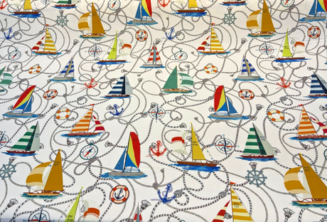 Nautical Sailing Sailboats & Rope Cotton Fabric - Coastal Drapery Upholstery, Multi Color Nautical Print, 27.5" Horizontal Repeat, 26" Vertical Repeat (1 Yard)