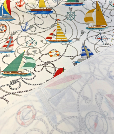 Nautical Sailing Sailboats & Rope Cotton Fabric - Coastal Drapery Upholstery, Multi Color Nautical Print, 27.5" Horizontal Repeat, 26" Vertical Repeat (1 Yard)