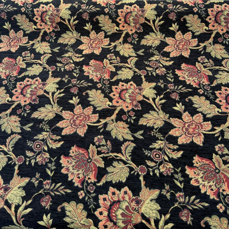 Naomi Chenille Fabric - Black Burgundy Gold Floral, 56" Width (By The Yard)