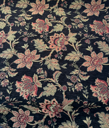 Naomi Chenille Fabric - Black Burgundy Gold Floral, 56" Width (By The Yard)