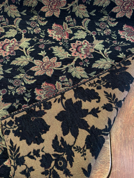 Naomi Chenille Fabric - Black Burgundy Gold Floral, 56" Width (By The Yard)