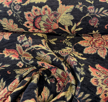 Naomi Chenille Fabric - Black Burgundy Gold Floral, 56" Width (By The Yard)