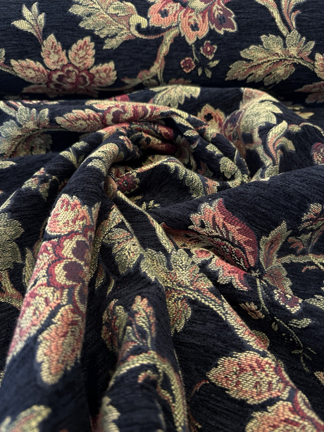 Naomi Chenille Fabric - Black Burgundy Gold Floral, 56" Width (By The Yard)