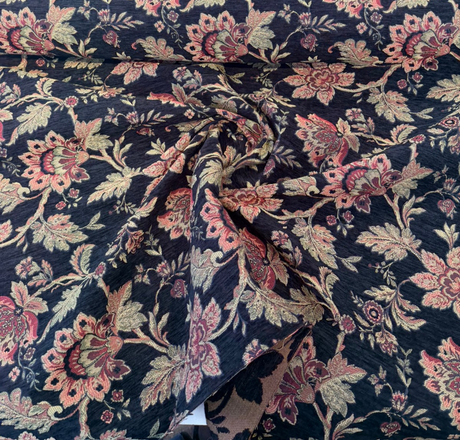 Naomi Chenille Fabric - Black Burgundy Gold Floral, 56" Width (By The Yard)