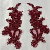 Beaded Corded Floral Lace Applique Polyester Fabric - Floral Embroidered, 9" X 2.5" Each Side (1 Pair)