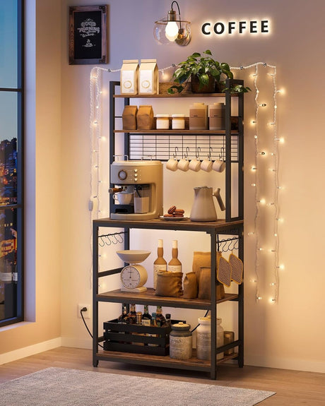 VASAGLE 5-Tier Bakers Rack with Power Outlet – Kitchen Storage Shelf, Rustic Brown & Black