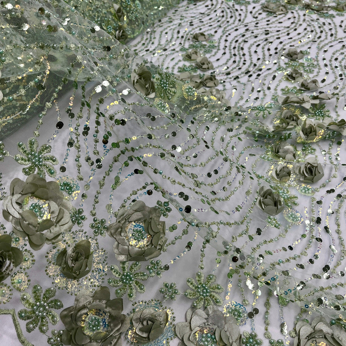 1 Yard Elegant 3D Floral Beaded Sequin Lace Fabric on Soft Mesh, GD-2212