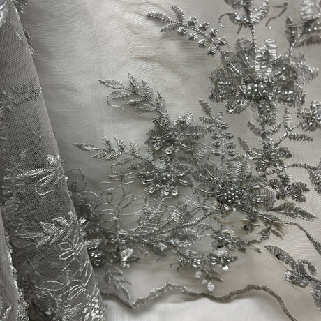 Beaded Floral Lace Fabric on Polyester Net Mesh