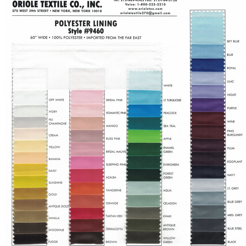 Polyester Lining Polyester Fabric - Smooth Shiny Finish, Multiple Colors, Folded On Board Or Rolled On Tube