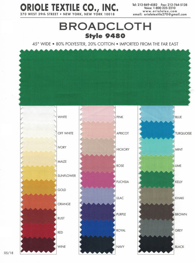 Broadcloth Polyester Cotton Fabric - Solid, Multiple Colors, 45" Width (1 Yard)