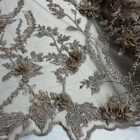 Beaded 3D Floral Lace Polyester Fabric - Embroidered Net Mesh, 48" Width (1 Yard)