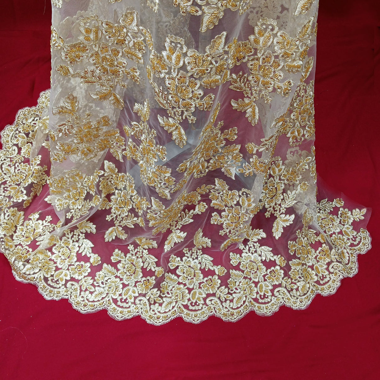 Beaded Corded Bridal Lace Polyester Fabric - Gold Metallic, Silver Metallic, White, Ivory, Rose Gold, Hunter Green, 51" Wide (1 Yard)