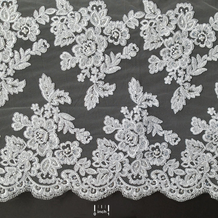 1 Yard Elegant Beaded and Corded Bridal Lace Fabric Embroidered on 100% Polyester Net Mesh White