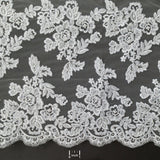 1 Yard Elegant Beaded and Corded Bridal Lace Fabric Embroidered on 100% Polyester Net Mesh White
