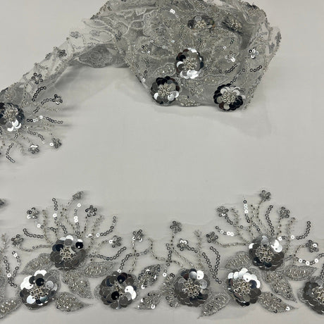 Beaded Corded Floral Lace Trim 4" Wide
