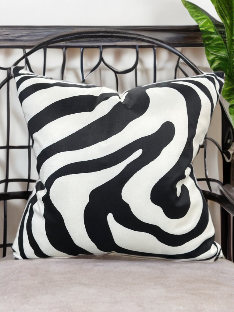 VIVA021 Polyester Velvet Fabric - White Abstract With Black Swirled Zebra Design, 20" X 20" (1 Pillow)