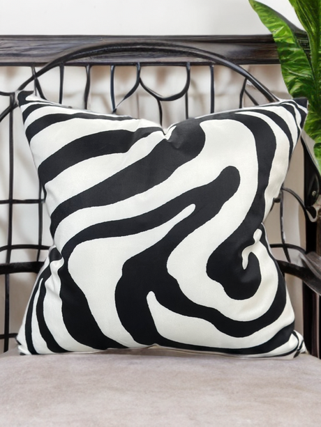 VIVA021 Polyester Velvet Fabric - White Abstract With Black Swirled Zebra Design, 20" X 20" (1 Pillow)