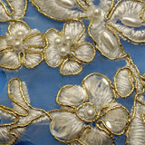 Beaded Corded Floral Lace Applique, Ivory with Gold, 16" x 5"