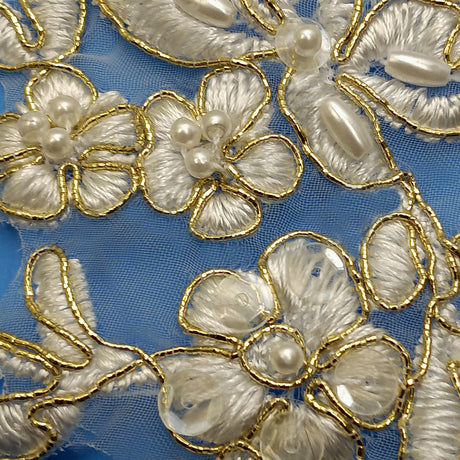 Beaded Corded Floral Lace Applique 100 Percent Polyester Organza Fabric - Ivory With Gold, Floral Embroidered, 16" X 5" (1 Pair)