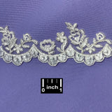 Beaded Corded Floral Lace Trimming Polyester Fabric - Floral Embroidered Net Mesh, 2" Width (1 Yard)