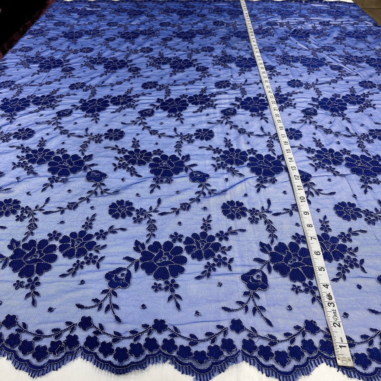 Embroidered Lace Fabric - 100 Percent Polyester Net Mesh, Floral Beaded Design, 52" Width (1 Yard)