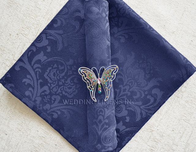 Cloth Dinner Napkin Floral Damask Jacquard Polyester 20x20 Navy Blue