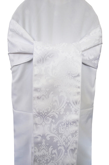 Chair Sash Floral Damask Jacquard Polyester 7.5x108 White