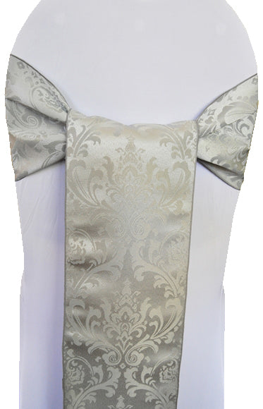 Floral Damask Jacquard Polyester Chair Sash Sample 7.5x108 Silver