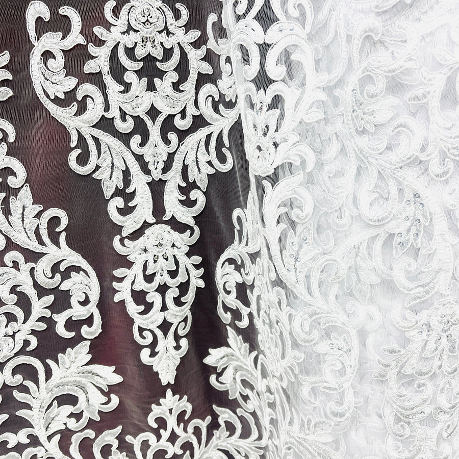 1 Yard Ivory Beaded and Corded Lace Fabric Embroidered on Polyester Net Mesh 51 Inch Width