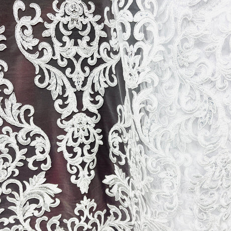 1 Yard Ivory Beaded and Corded Lace Fabric Embroidered on Polyester Net Mesh 51 Inch Width