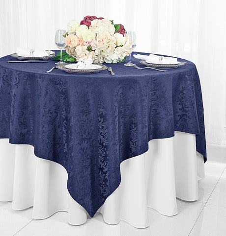 Square Damask Jacquard Polyester Table Overlay 72x72 Navy Blue