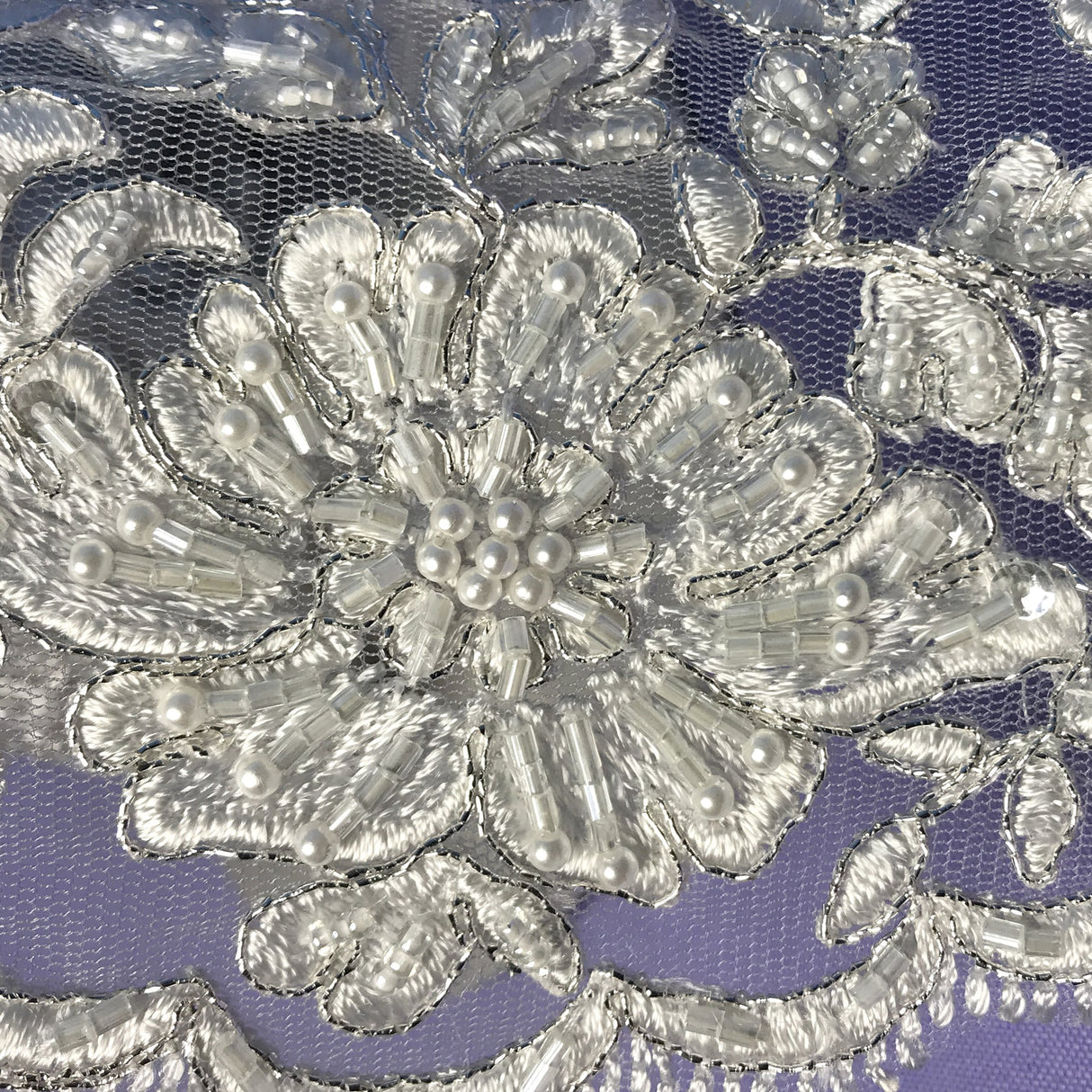 1 Yard Embroidered on 100% Polyester Net Mesh 6? Wide Beaded & Corded Floral Lace Trimming