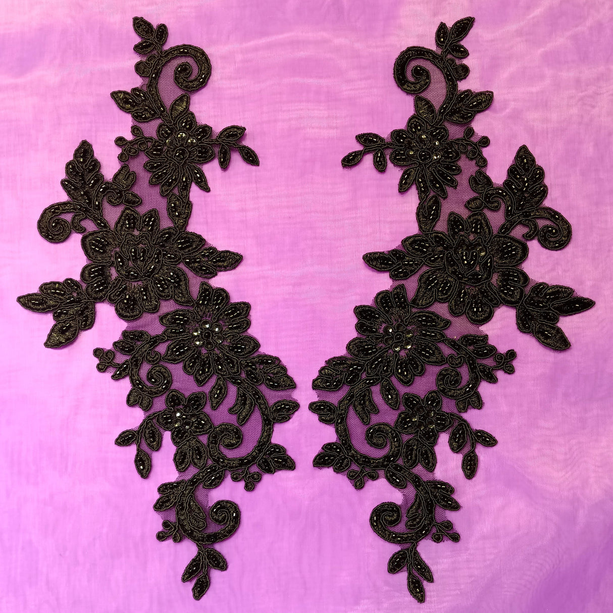 Beaded Corded Floral Lace Applique on Polyester Net Mesh