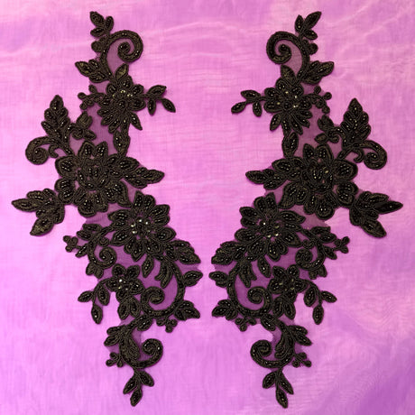 Beaded Corded Floral Lace Applique Embroidered Polyester Net Mesh Fabric - Floral Applique, 12.5" X 5" (1 Pair)