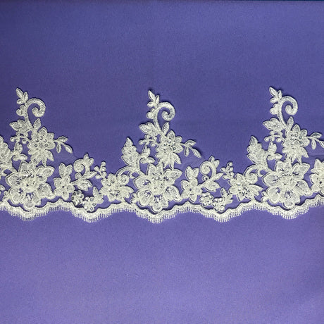 1 Yard 6" Wide Beaded & Corded Floral Lace Trimming Embroidered on 100% Polyester Net Mesh