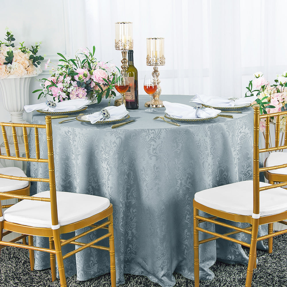Round Polyester Tablecloth 120" Floral Damask Jacquard Dusty Blue