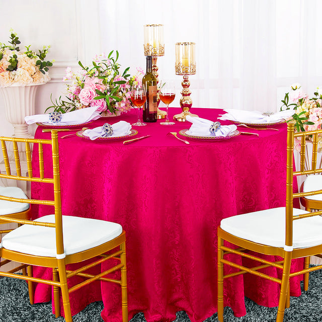 Round Polyester Tablecloth 120" Floral Damask Jacquard Fuchsia