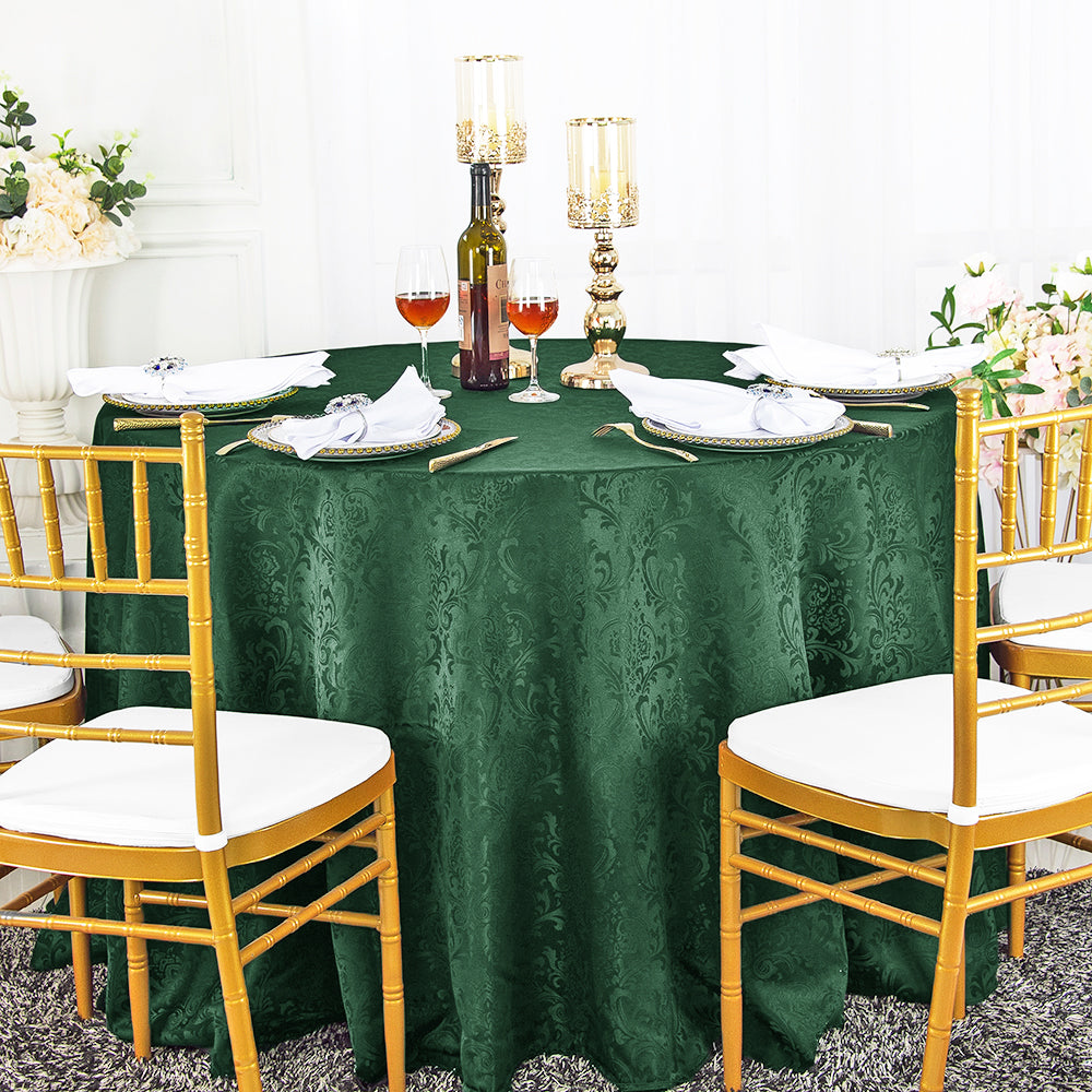 Round Polyester Tablecloth 132" Floral Damask Jacquard Hunter Green/Holly Green