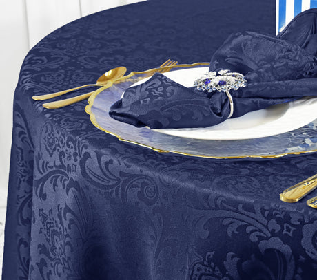 Square Damask Jacquard Polyester Table Overlay 72x72 Navy Blue