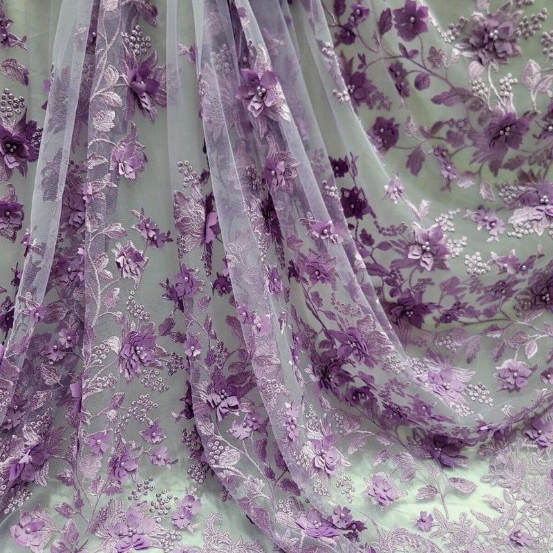 3D Floral Embroidered Mesh Lace Fabric Lavender
