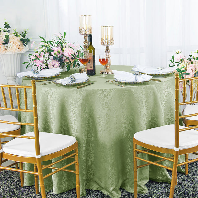 Round Polyester Tablecloth 120" Seamless Floral Damask Jacquard Sage Green