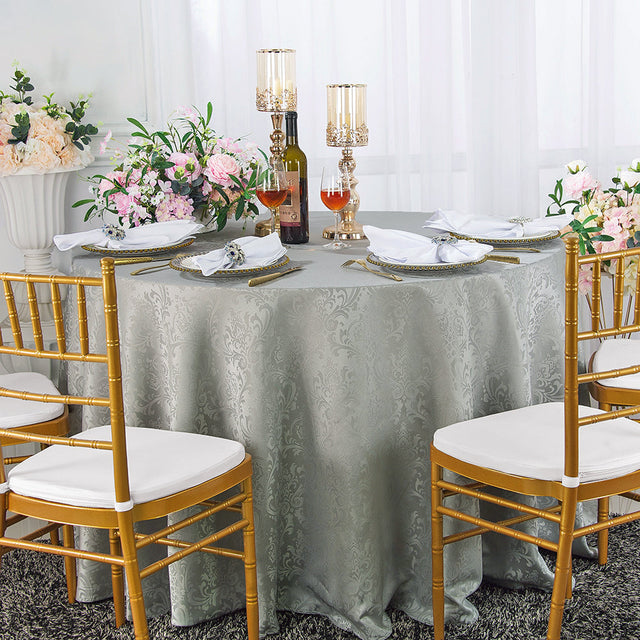 Round Polyester Tablecloth 120" Floral Damask Jacquard Silver