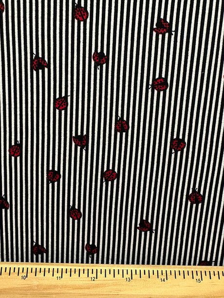 1 Yard Black Stripe Ladybug Print Double Brushed Jersey Knit Fabric Stretch 58 Inches Wide