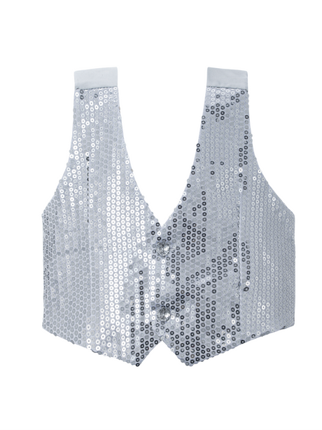 Silver sequined costume vest with adjustable buckle closure