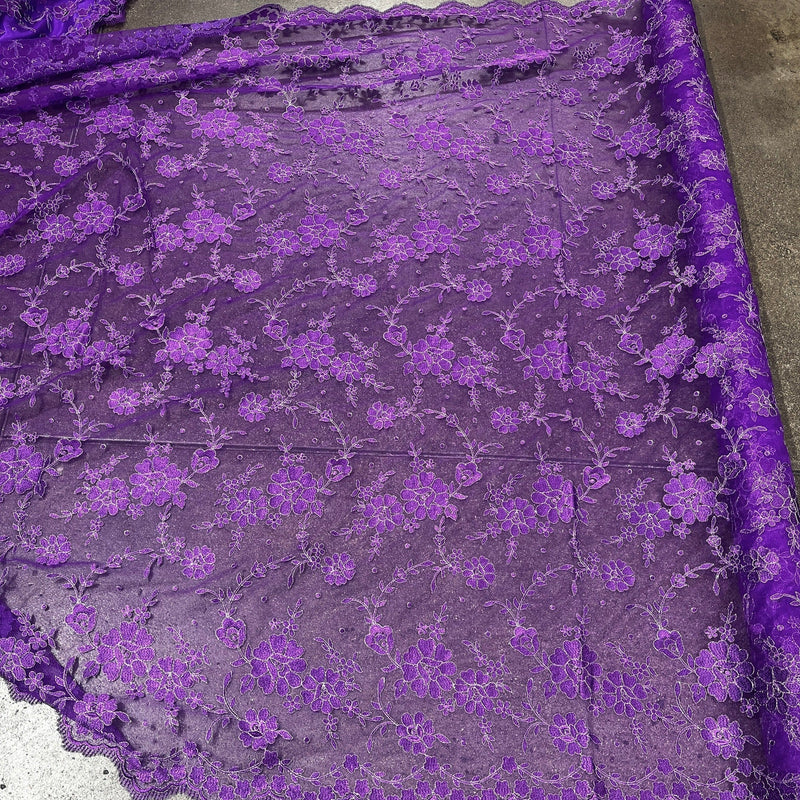 Embroidered Lace Fabric - 100 Percent Polyester Net Mesh, Floral Beaded Design, 52" Width (1 Yard)