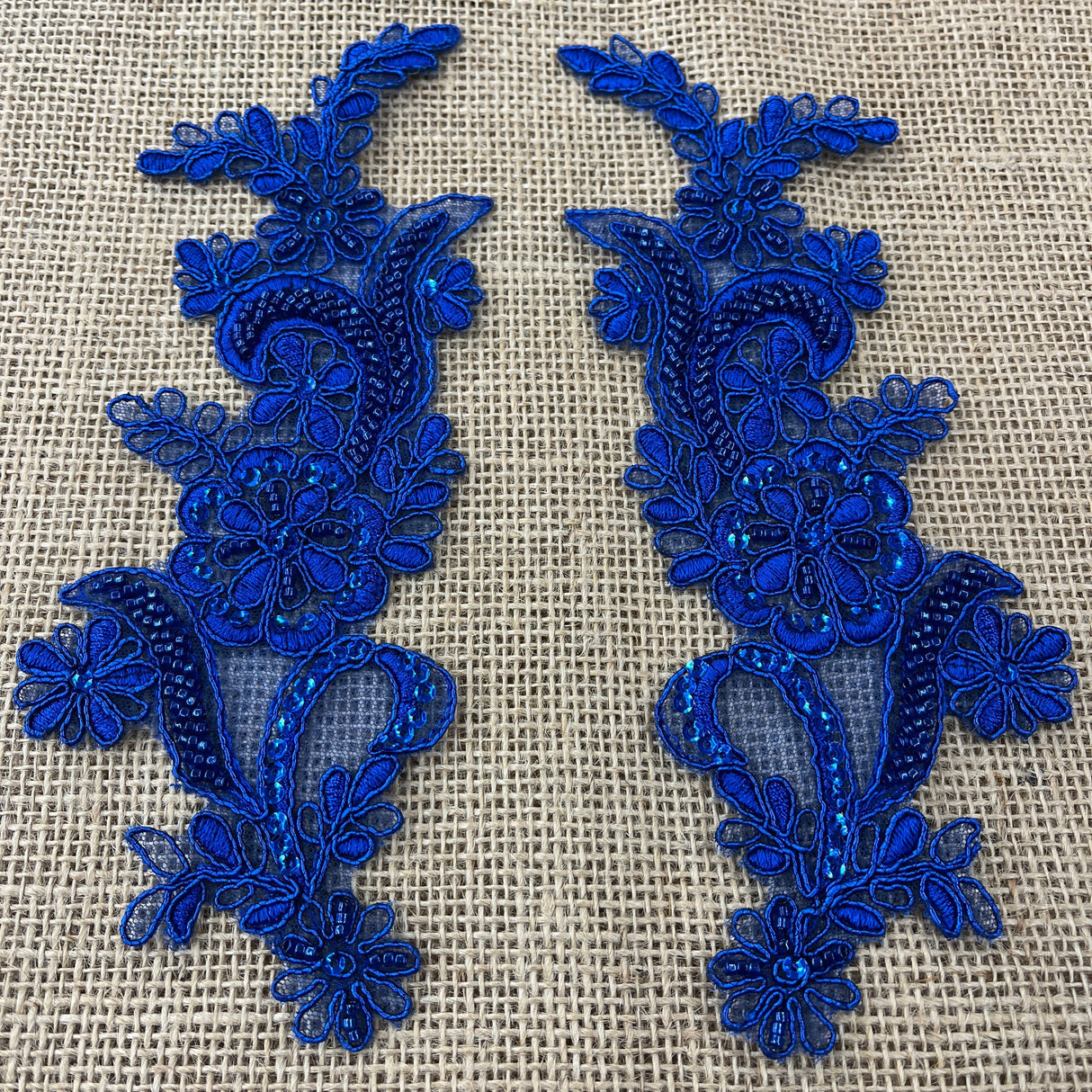 Beaded Corded Floral Lace Applique Polyester Fabric - Floral Embroidered, 9" X 2.5" Each Side (1 Pair)