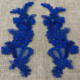 Beaded Corded Floral Lace Applique Polyester Fabric - Floral Embroidered, 9" X 2.5" Each Side (1 Pair)