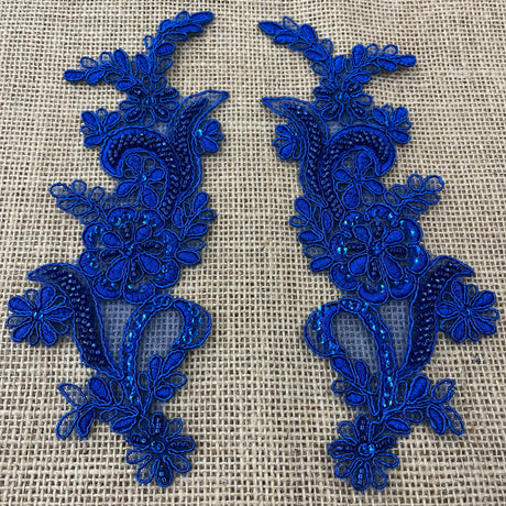 Beaded Corded Floral Lace Applique Polyester Fabric - Floral Embroidered, 9" X 2.5" Each Side (1 Pair)
