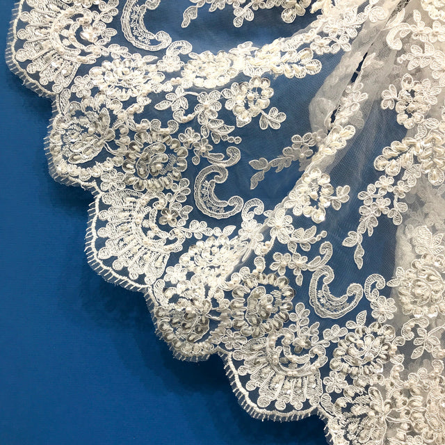 Beaded Corded Floral Lace Trim White
