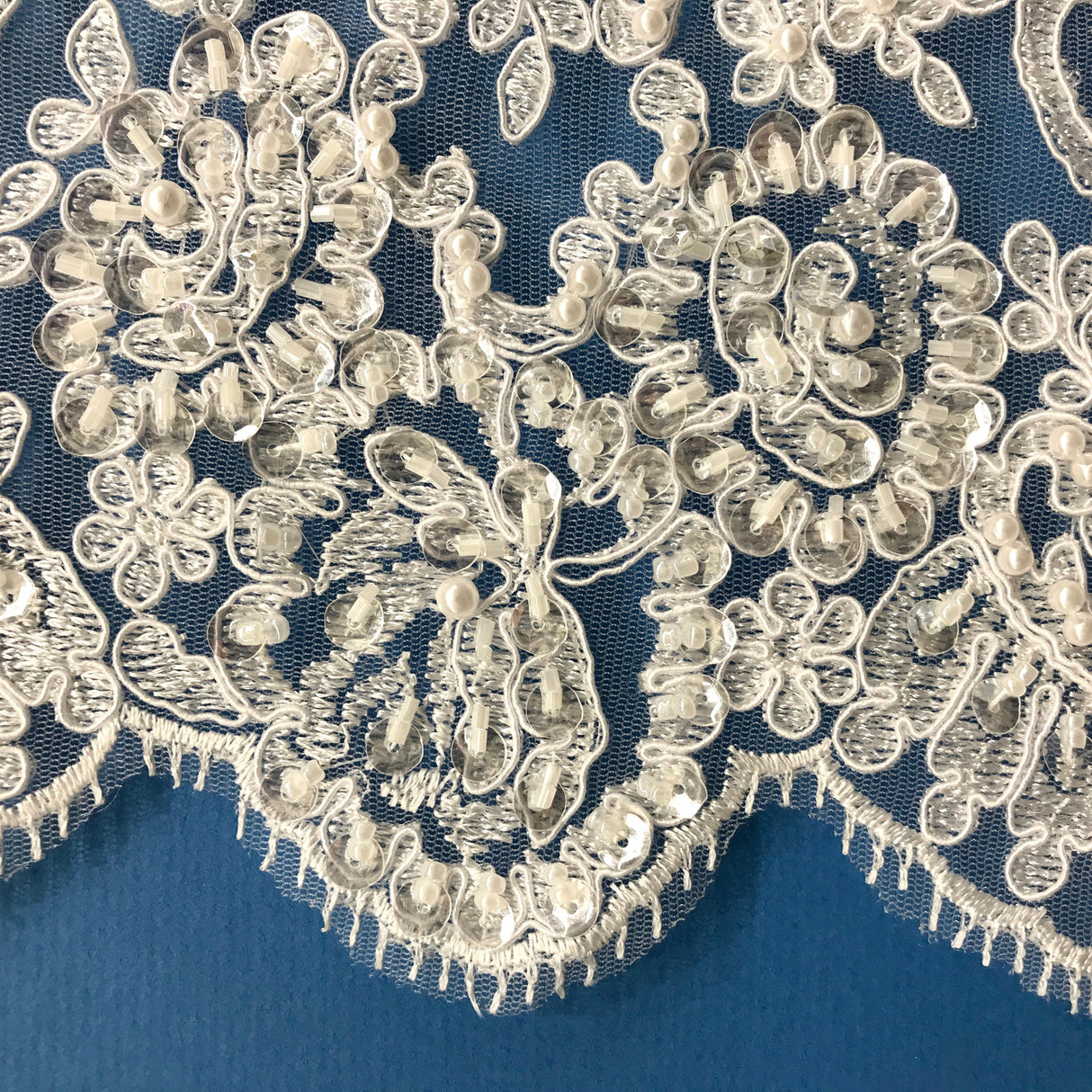 Beaded Corded Floral Lace Trim White